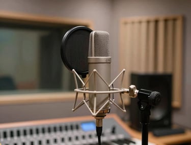Interior of a cozy music studio with colorful Gaudí-inspired mosaic patterns on the walls.