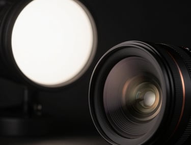 A close-up photograph of high-end camera lenses reflecting a soft off-white studio light, representing cinematic craft. Minimalist composition with lots of dark space.
