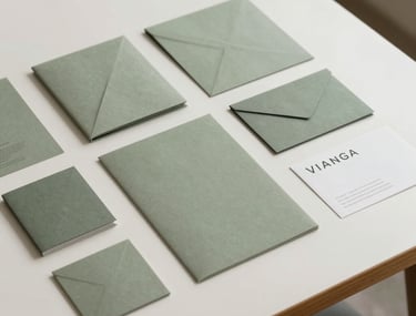 A collection of minimalist brand identity assets spread neatly on an off-white table, featuring sage green accents and modern typography.