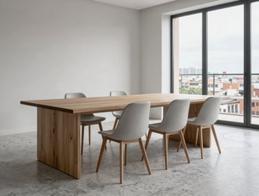 Interior shot of a bright penthouse studio in Madrid, showing a long work table, minimalist chairs, and a subtle light grey mosaic floor pattern, European style.