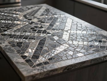 Close-up of a handcrafted mosaic detail on a kitchen island, using dark grey and light silver tiles in an abstract geometric pattern, professional studio lighting.