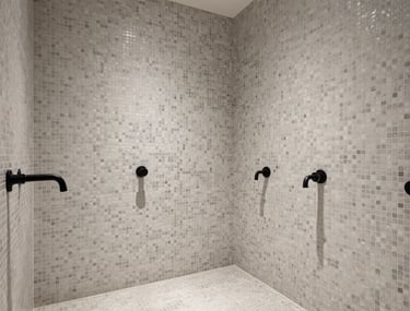 Luxury hotel bathroom in Spain, walls and floor covered in exquisite light grey and white mosaic tiles, minimalist black fixtures, soft ambient lighting.