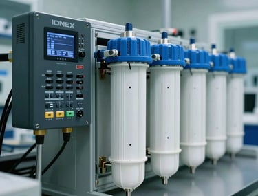 Clean-room environment showing the installation of the IONEX controller next to a series of high-precision water filters. International / Global laboratory setting.