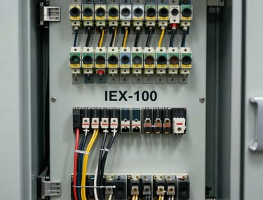 A technical diagram-style photo of the IEX-100's back panel showing organized, professional wiring and connectors in an industrial cabinet.