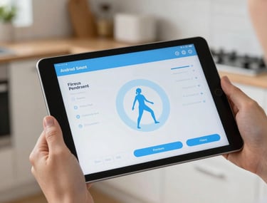 Detailed photography of an Android tablet displaying a minimalist fitness application with light blue accents. The tablet is held by a person in a bright, modern North American apartment kitchen during the day.