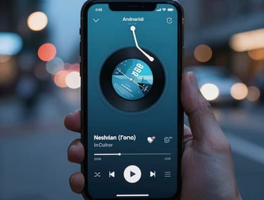 A beautiful close-up of an Android phone displaying a music player app. The background is a blurred North American city street at night with soft blue bokeh lights.