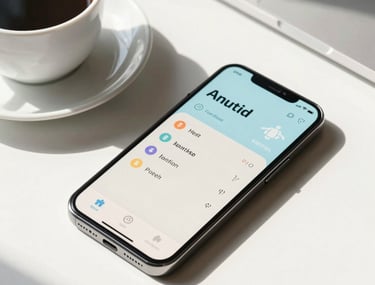 A sleek Android phone sitting on a white desk next to a cup of coffee. The screen shows a health tracking app with light blue and off-white colors. Sunny morning light.