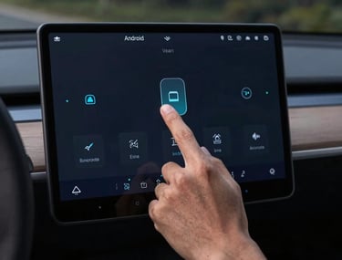 A person's hand interacting with a large Android screen in a modern car interior. The interface is clean and dark, featuring light blue navigation icons. Night photography.