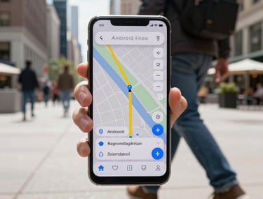 Photography of a person walking through a bright US city plaza, using an Android phone with a map application visible on the screen. Lifestyle, daylight.