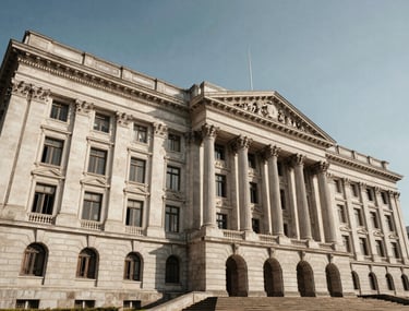 A wide, low-angle shot of a majestic neoclassical building in Brazil, symbolizing the strength of the judicial system. Dramatic, authoritative lighting.