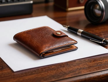 Close-up of a high-quality leather folder and a fountain pen on a polished mahogany desk. The lighting is focused and professional, highlighting textures of paper and leather. Background shows a blurred, high-end South American office interior.