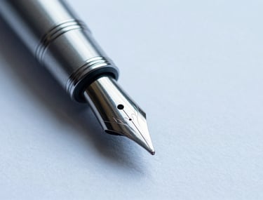 Macro shot of a high-quality fountain pen tip touching a white textured paper. Professional, elegant, and focused. Steel blue tones.