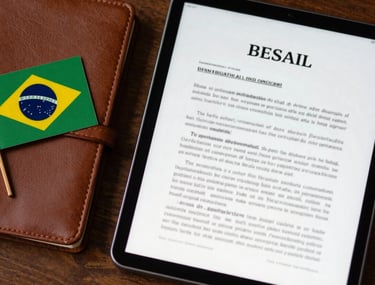 Top-down view of an organized desk with a digital tablet showing a legal document, a leather-bound notebook, and a small Brazilian flag pin. Professional, modern, and patriotic touch.