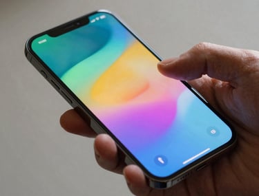 Close-up of a hand interacting with a high-end smartphone, showing a clean and colorful user interface, soft lighting, East Asian / Japanese.