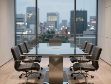 A minimalist meeting room in Tokyo with a glass table and designer chairs, blurred city lights in the background, sophisticated and calm.