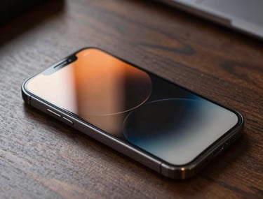 Macro photography of a sleek smartphone screen resting on a polished dark wood desk, soft orange light reflecting off the glass, East Asian / Japanese office setting.