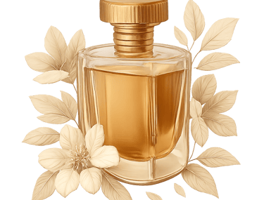 A luxury perfume bottle with golden details, surrounded by stylized cream-colored floral elements.