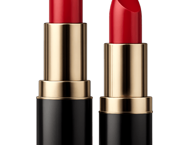 Two elegant red lipsticks with black and gold packaging.