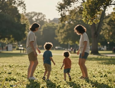 A candid shot of a family playing together in a warm, sun-drenched North American park, reflecting the cinematic mood of Kathryn's work.