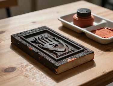 A close-up shot of a sun-drenched wooden table where a hand-carved linoleum block and a tray of terracotta-colored ink sit ready for printing. Cinematic lighting creates soft shadows in a North American studio setting.