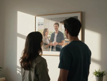 A candid moment of two people looking at a large print on a wall in a sunlit North American home, their silhouettes warm and inviting.