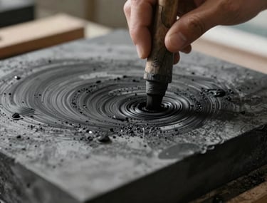 An artistic close-up of charcoal ink spreading on a printing block, with cinematic lighting and a focus on handcrafted detail.