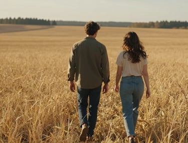 A cinematic shot of a couple walking through a golden field in North America, with sun-drenched lighting and an authentic, warm emotional vibe.