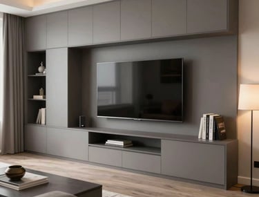 A contemporary living room in a North American home featuring a sleek TV unit area with integrated storage, neutral gray tones, and warm ambient lighting.