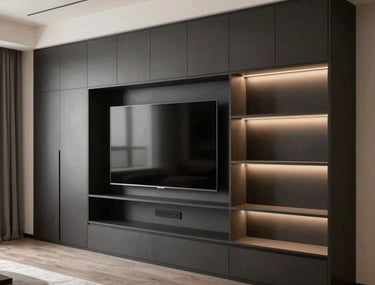 A high-end North American living room showcasing a custom-built entertainment unit with integrated LED shelving, matte dark charcoal finishes, and hidden storage solutions.