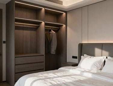 Interior shot of a sophisticated master bedroom in a North American home. Features a custom wardrobe with integrated lighting, a plush upholstered headboard in slate gray, and crisp white linens under soft natural morning light.