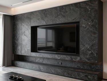 A sleek, modern living room in a North American home featuring a custom entertainment area with dark slate gray cabinetry and a large wall-mounted screen.
