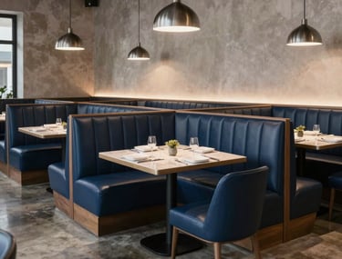 A stylish restaurant dining area featuring custom-designed booth seating in navy leather, sophisticated pendant lights, and polished concrete flooring.