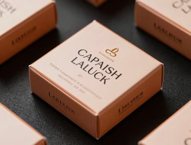 Close-up of premium cosmetic packaging with orange accents, high-contrast lighting on a matte black surface, professional commercial photography, Spanish luxury brand style.