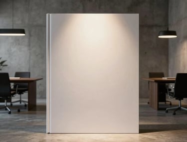 Minimalist office interior in Barcelona, Spain. Concrete walls, dark furniture, focused warm spotlight on a large branding book, high-end photography.