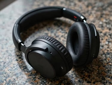 An abstract, cinematic shot of high-end headphones on a granite surface, dramatic lighting highlighting the sleek curves and metallic textures.