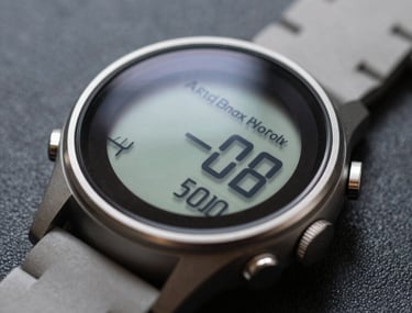 Minimalist digital watch on a dark surface, macro shot highlighting the interface design and material textures, high-tech aesthetic.