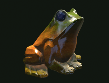 “3D rendering of a wooden frog facing southwest, featuring a tan belly and legs, with green accent
