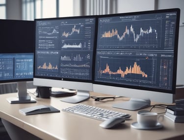 A person is typing on a MacBook Pro, viewing a website titled 'Personalize your portfolio.' The webpage displays three sections related to investing, each with different images and text. The laptop is on a grey table with a dark sofa and indoor plants in the background.