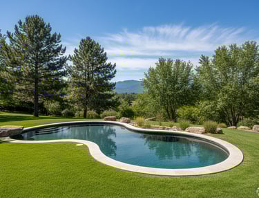 Photograph of a freeform natural pool integrated into a lush green garden landscape.