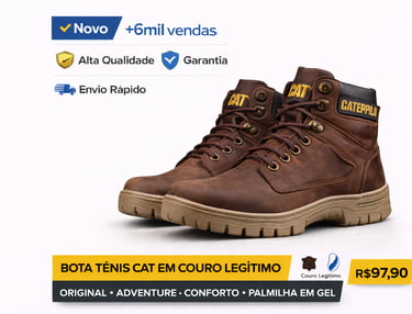 Bota tênis Caterpillar masculina em couro legítimo marrom com palmilha em gel e solado tratorado.