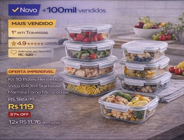 Kit of 10 airtight glass food storage containers filled with healthy meals for meal prep.