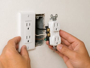 Electrician installing a new white duplex electrical wall outlet into a metal junction box.