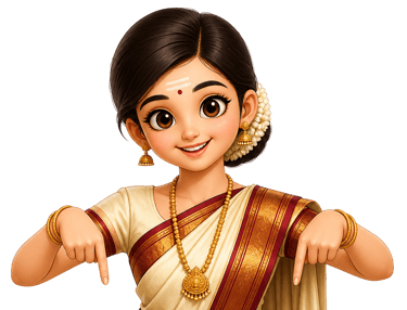 Cartoon illustration of a South Indian girl in a traditional white and gold pattu saree pointing down.