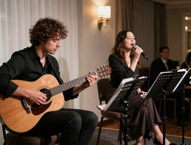 An intimate duo performing softly in a luxurious hotel lounge bathed in warm golden light.