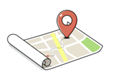 Map icon with a red location pin and navigation route on a white background.