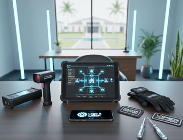 Technical workspace with Logic & Latch smart home hub, Viper Certified and Master Certified patches.
