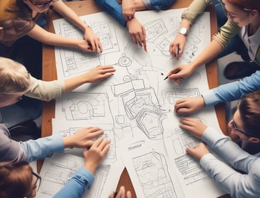 A business model canvas displayed on a corkboard features several categories with sticky notes of various colors. The categories include key partners, key activities, value proposition, customer relationships, customer segments, channels, cost structure, and revenue streams. Each category contains notes with handwritten text that describes elements of a business strategy, divided into sections using lines on the board.