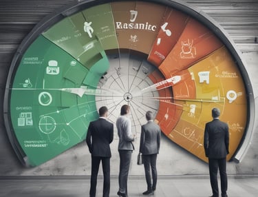 A business model canvas titled 'Battle Board' is taped to a white wall with yellow tape. The canvas is covered with orange sticky notes containing handwritten text. The wall card at the top says 'Forty Two.” Outside the window, blurred buildings are visible under a blue sky with white clouds.