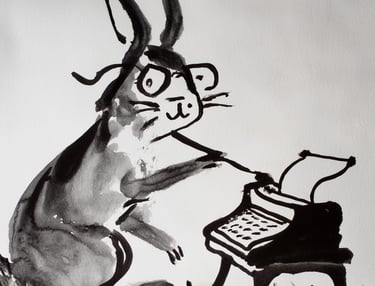 Un conejo está corrigiendo la página que tiene en su maquina de escribir