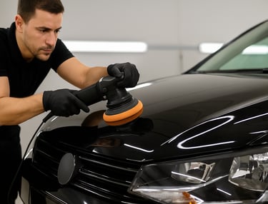 Técnico automotivo aplicando polimento com máquina rotativa no capô de um carro escuro, com reflexo 